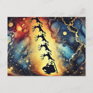 Santa scene night sky w/ reindeer Holiday Postcard