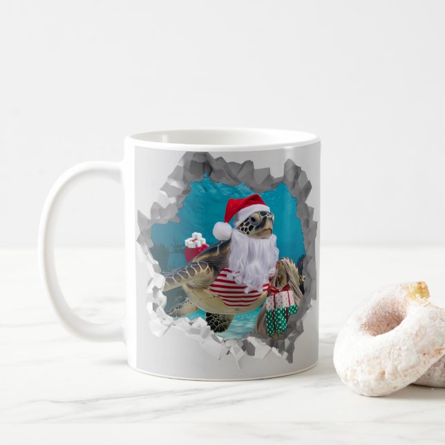 Santa Sea Turtle With Christmas Hat Broken Wall Coffee Mug (With Donut)