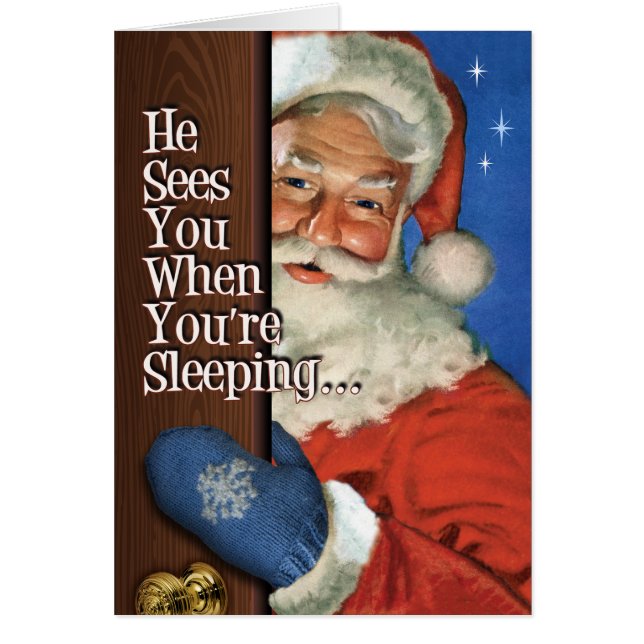 Santa Sees You Retro Christmas Card (Front)