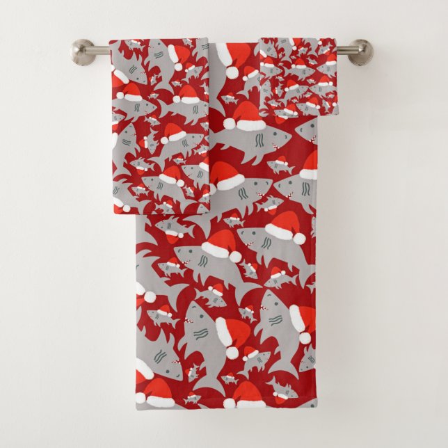 Santa Shark Christmas Red Background Bath Towel Set (Insitu)