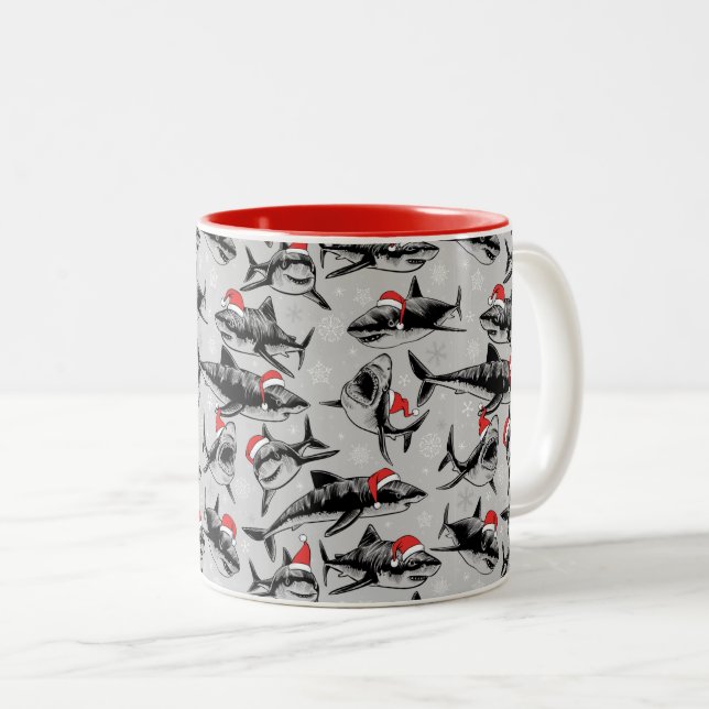 Santa Shark Pattern Two-Tone Coffee Mug (Front Right)