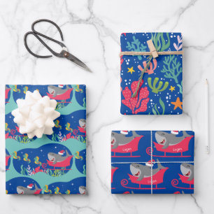 Santa Shark Riding Sled Wrapping Paper Sheets