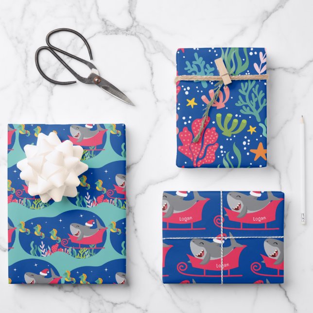 Santa Shark Riding Sled Wrapping Paper Sheets (Front)
