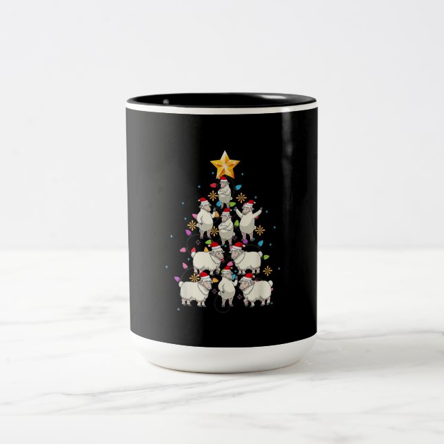 Santa Sheep Christmas Tree Lights Funny Sheep Gift Two-Tone Coffee Mug (Center)