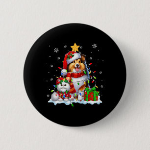 Santa Sheltie With Elf Cat Christmas Lights Owner 2 Inch Round Button