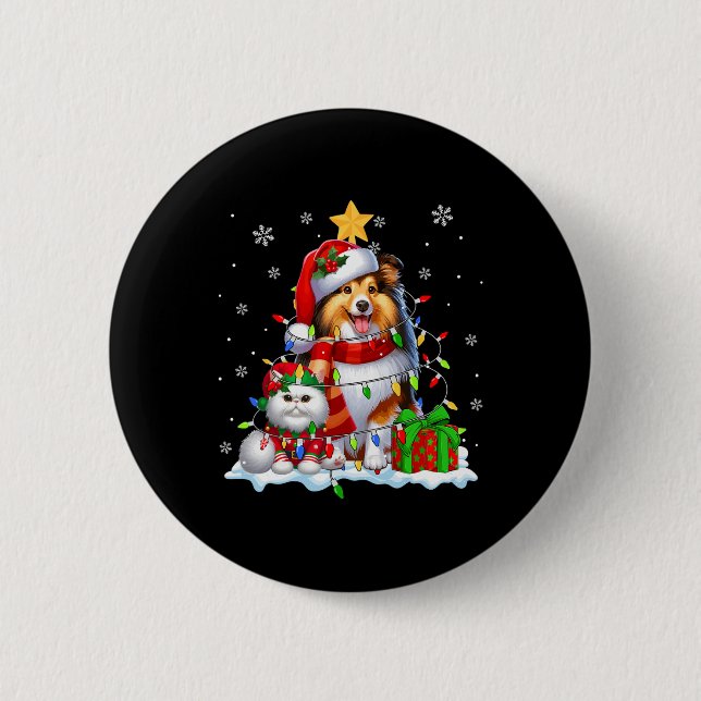 Santa Sheltie With Elf Cat Christmas Lights Owner  2 Inch Round Button (Front)
