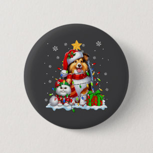 Santa Sheltie With Elf Cat Christmas Lights Owner 2 Inch Round Button