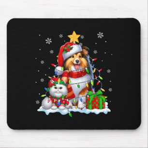 Santa Sheltie With Elf Cat Christmas Lights Owner Mouse Pad