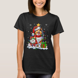 Santa Sheltie With Elf Cat Christmas Lights Owner  T-Shirt