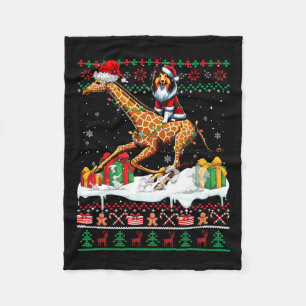 Santa Shetland Sheepdog Riding Giraffe Christmas S Fleece Blanket