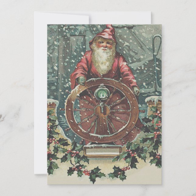 Santa Ship Boat Snow Storm Holly Holiday Card (Front)