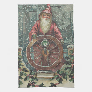 Santa Ship Boat Snow Storm Holly Kitchen Towel