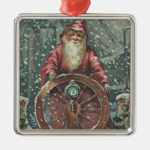 Santa Ship Boat Snow Storm Metal Ornament