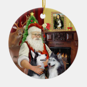 Santa - Siberian Huskies (TWO) Ceramic Ornament