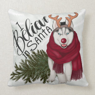 SANTA SIBERIAN HUSKY DOG WITH CHRISTMAS TREE THROW PILLOW