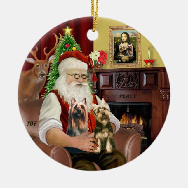 Santa - Silky Terriers (TWO) Ceramic Ornament (Front)