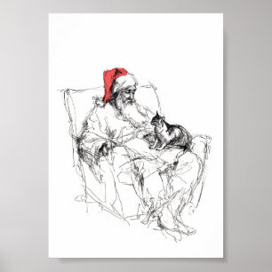 Santa Sitting with Cat on Lap Poster
