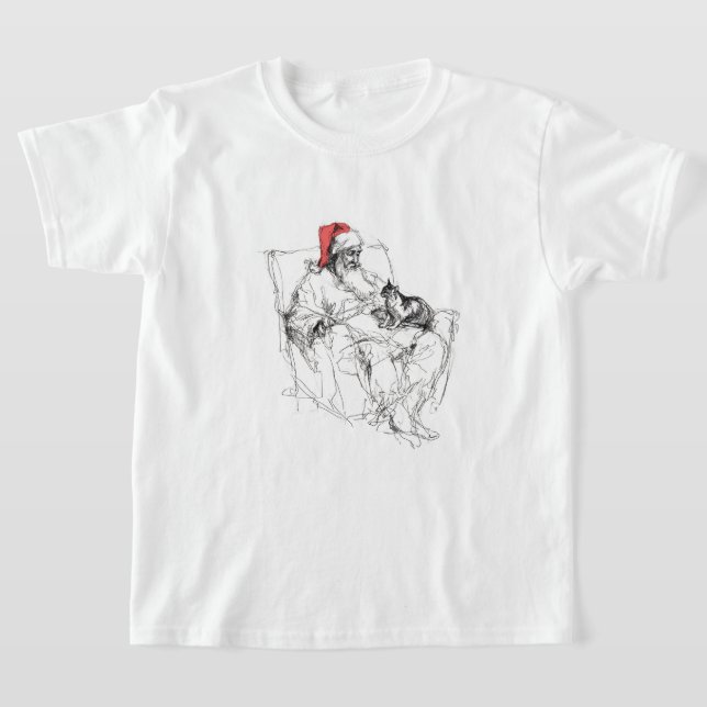 Santa Sitting with Cat on Lap T-Shirt (Laydown)