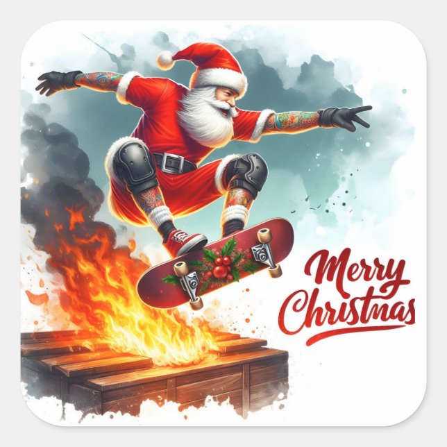 Santa Skateboarding Over Flames at Xmas Square Sticker (Front)