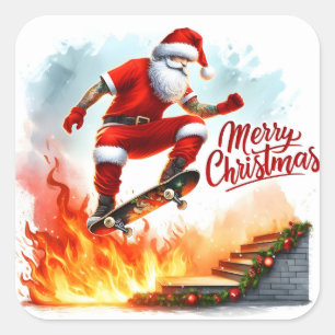 Santa Skateboards Over Fiery Ramp Square Sticker