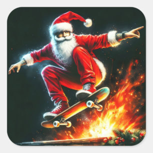 Santa Skateboards Over Night Fire Square Sticker
