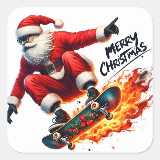 Santa Skates Joyfully at Sunset Square Sticker (Front)