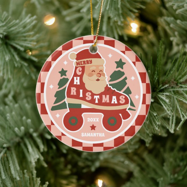 Santa Skates | Retro Roller Skating Christmas Ceramic Ornament (Tree)