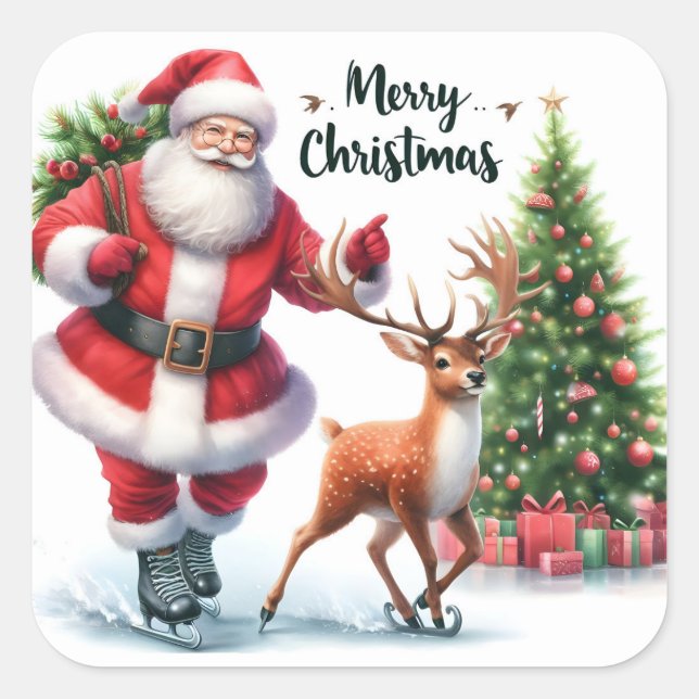 Santa Skates With Happy Reindeer Square Sticker (Front)