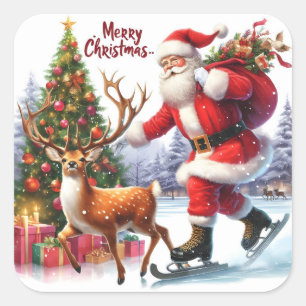 Santa Skates With Reindeer by Tree Square Sticker