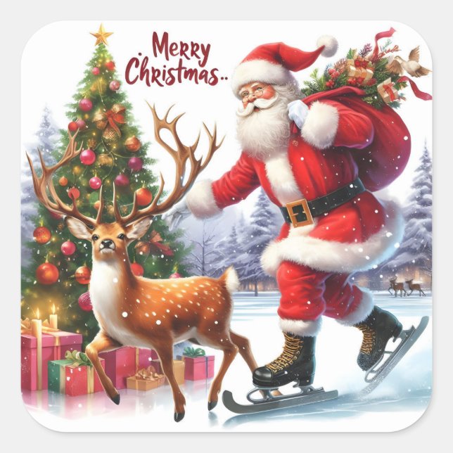 Santa Skates With Reindeer by Tree Square Sticker (Front)