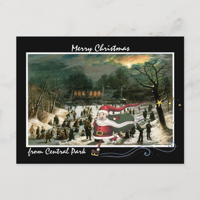 Santa Skating Over Central Park Winter Artwork Holiday Postcard (Front)