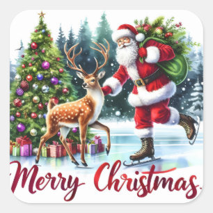 Santa Skating With Reindeer by Trees Square Sticker