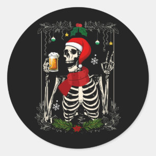 Santa Skeleton Drinking Beer Retro Merry Christmas Classic Round Sticker