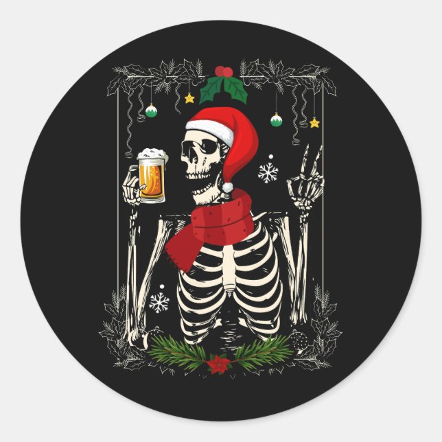 Santa Skeleton Drinking Beer Retro Merry Christmas Classic Round Sticker (Front)