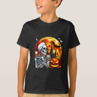 Santa Skeleton Drinking Coffee Halloween Carved Pu
