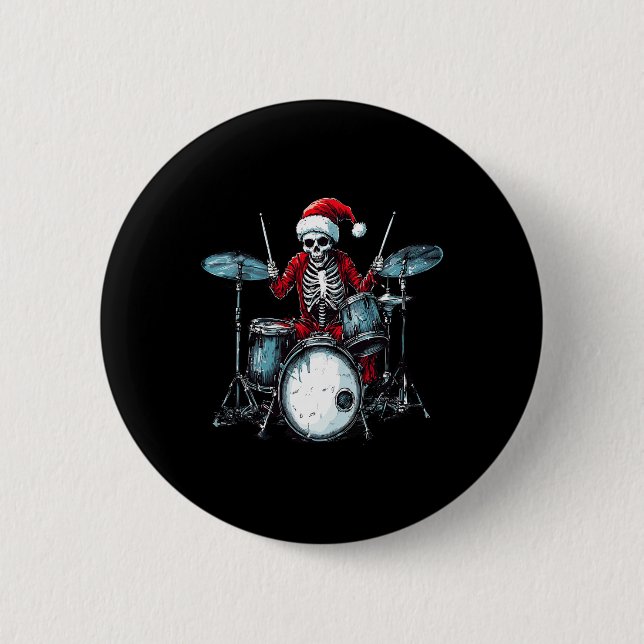 Santa Skeleton Playing Drum Drummer Percussionist  2 Inch Round Button (Front)