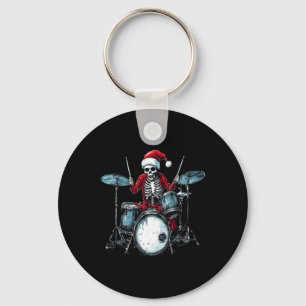 Santa Skeleton Playing Drum Drummer Percussionist Keychain