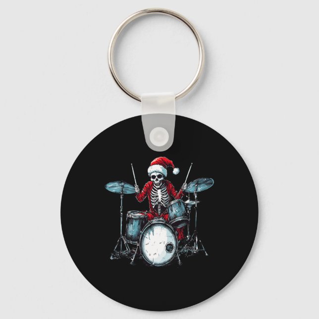 Santa Skeleton Playing Drum Drummer Percussionist  Keychain (Front)