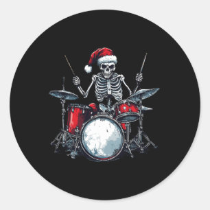 Santa Skeleton Playing Drum Percussionist Drummer  Classic Round Sticker