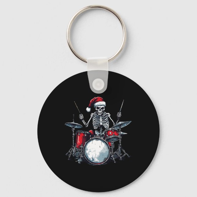 Santa Skeleton Playing Drum Percussionist Drummer  Keychain (Front)