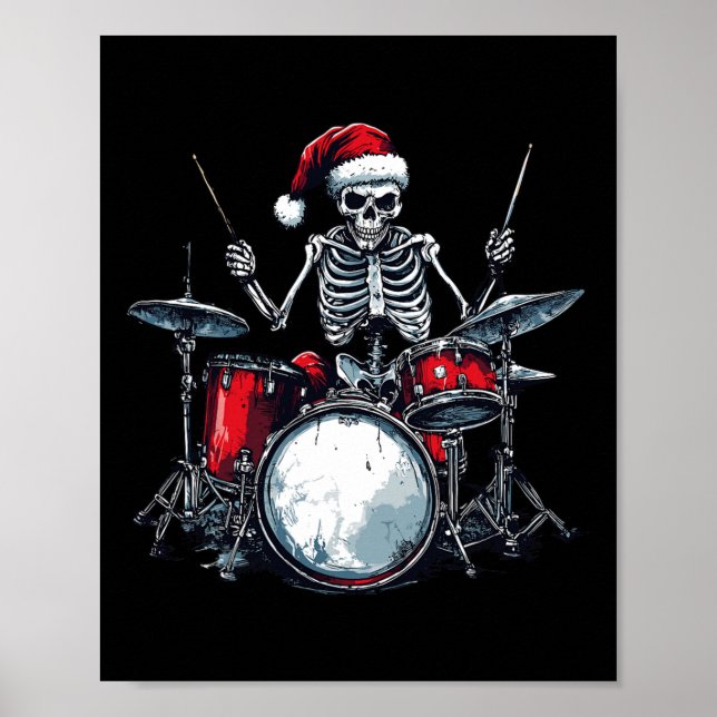 Santa Skeleton Playing Drum Percussionist Drummer  Poster (Front)