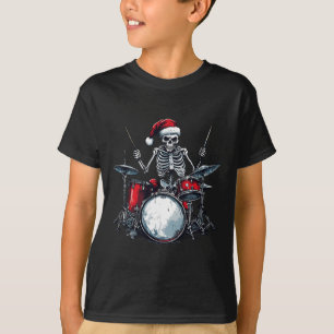 Santa Skeleton Playing Drum Percussionist Drummer  T-Shirt