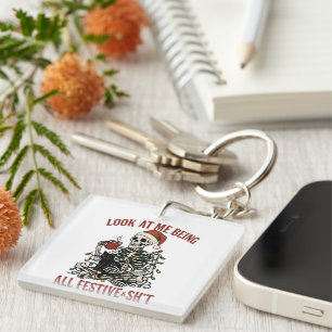 Santa Skeleton with Cat Holiday Snark Keychain