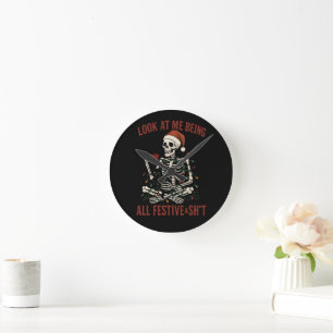 Santa Skeleton with Cat Holiday Snark Round Clock
