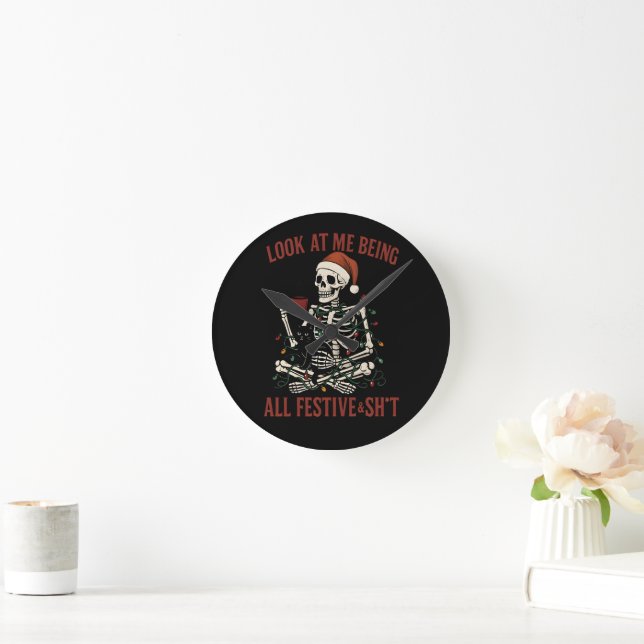Santa Skeleton with Cat Holiday Snark Round Clock (Home)