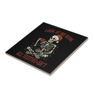 Santa Skeleton with Cat Holiday Snark Tile