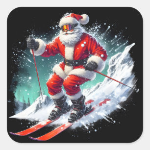 Santa Skiing Down a Snowy Slope on a Winter Day Square Sticker