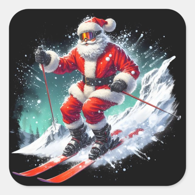 Santa Skiing Down a Snowy Slope on a Winter Day Square Sticker (Front)