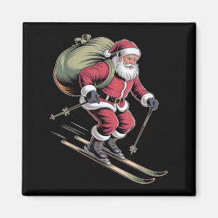 Santa Skiing Down Snowy Slopes Magnet