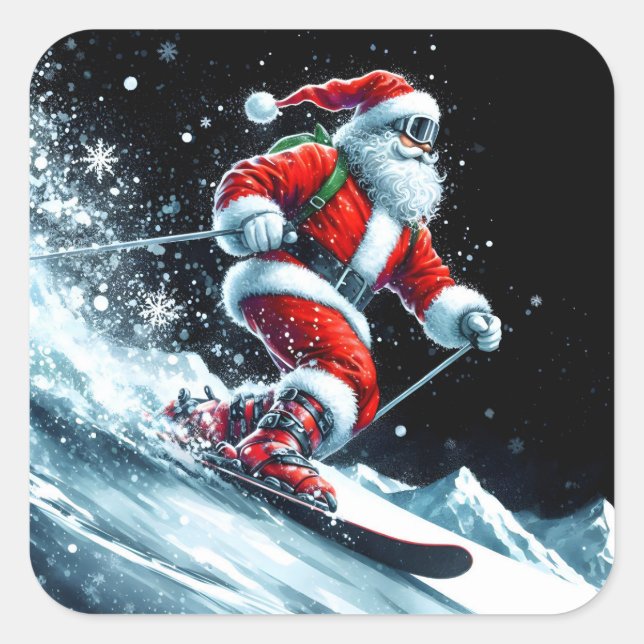 Santa Skiing in Winter Fun! Square Sticker (Front)